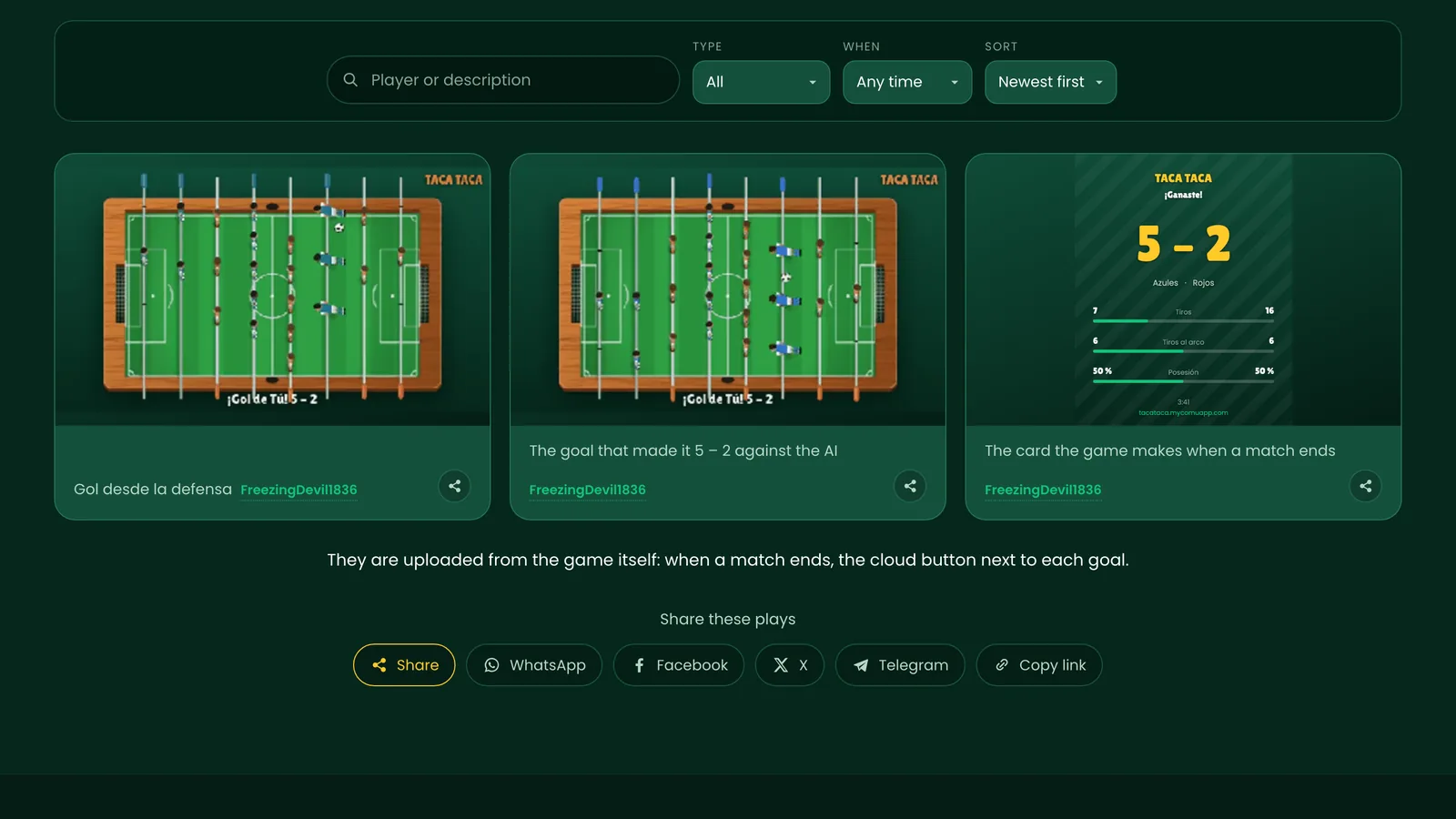 The plays page, with goals uploaded from the game