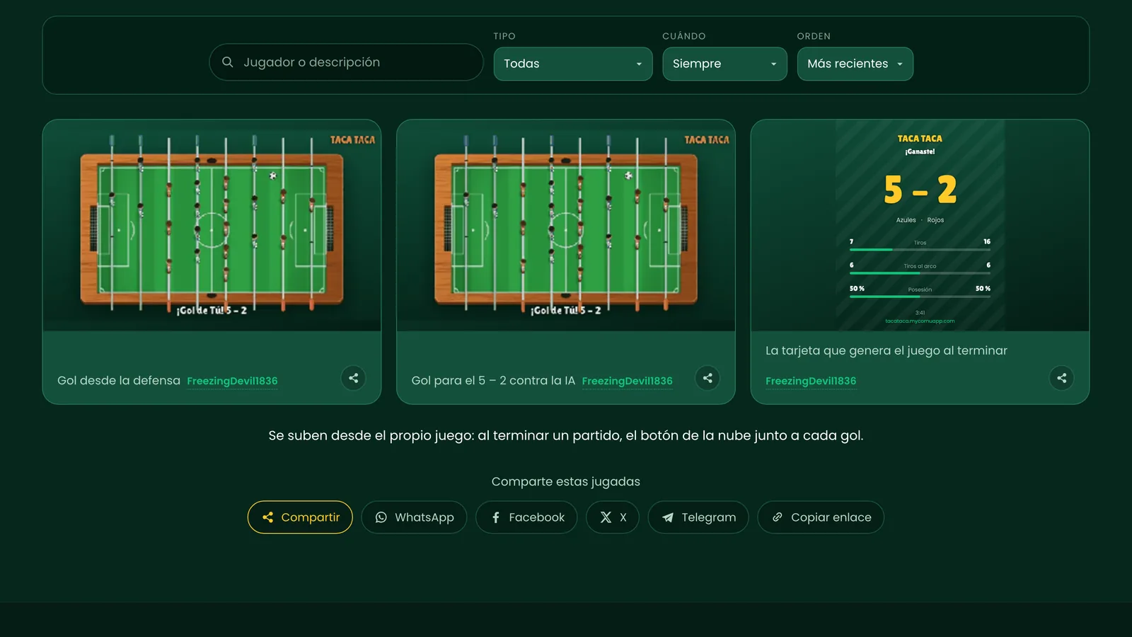 La página de jugadas, con goles subidos desde el juego
