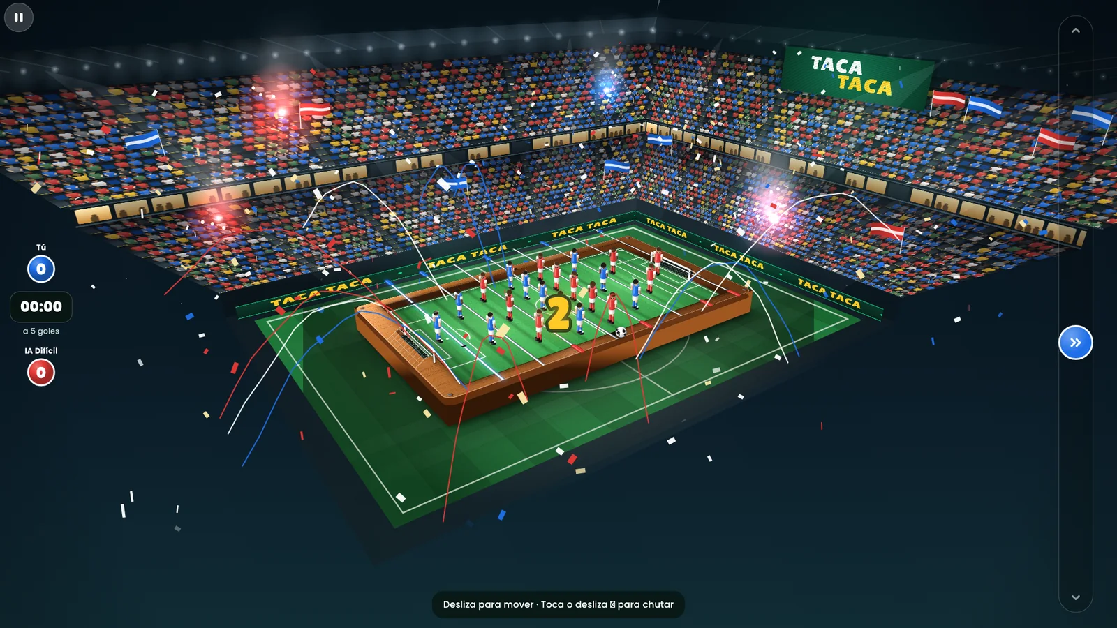 The Taca Taca table in a full stadium, with flares and streamers